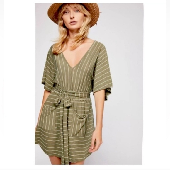 Free People Beach Woman's XS Beach Paradise Striped Mini Dress Green Open Back - Picture 1 of 4